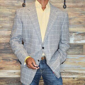 Bespoke Hickey Freeman Leather Buttons Wool Windowpane Blazer Jacket 46R